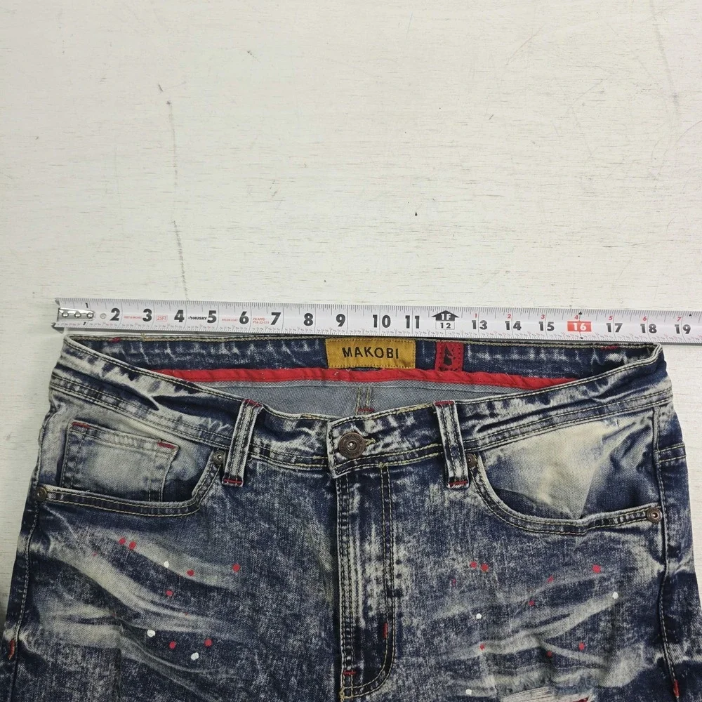 Makobi Biker Jeans Men's Size 36x32 Acid Wash Distressed Paint Splatter Moto